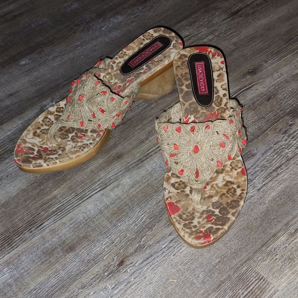 Lisa Vicky Macrame Thong Heel Sandals Sz 8 - Picture 1 of 9